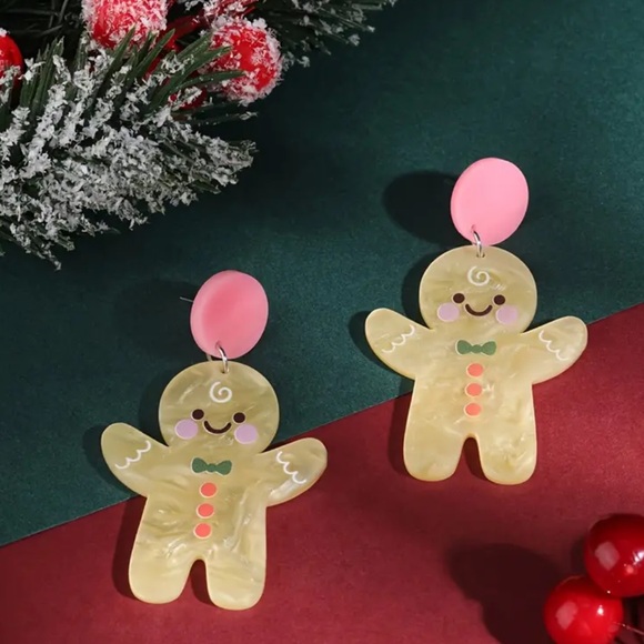 NEW Gingerbread Stud Dangle Earrings with Pink Bow - Picture 6 of 8